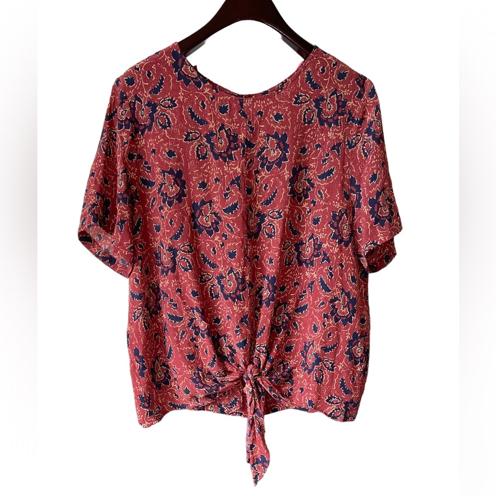 Madewell 100% Silk Blouse Assam Floral Paisley Tie Front Back Button Size XL